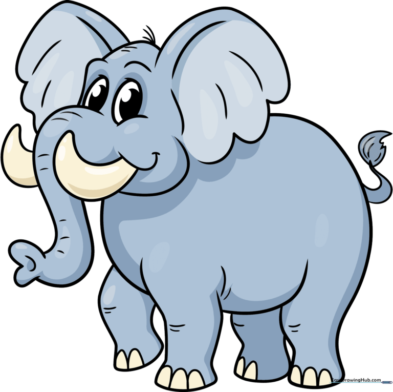 A friendly, finished cartoon elephant illustration, showcasing the final result of the tutorial.