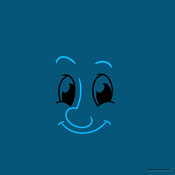 Cartoon face features including eyebrows, a simple nose, and a smiling mouth.