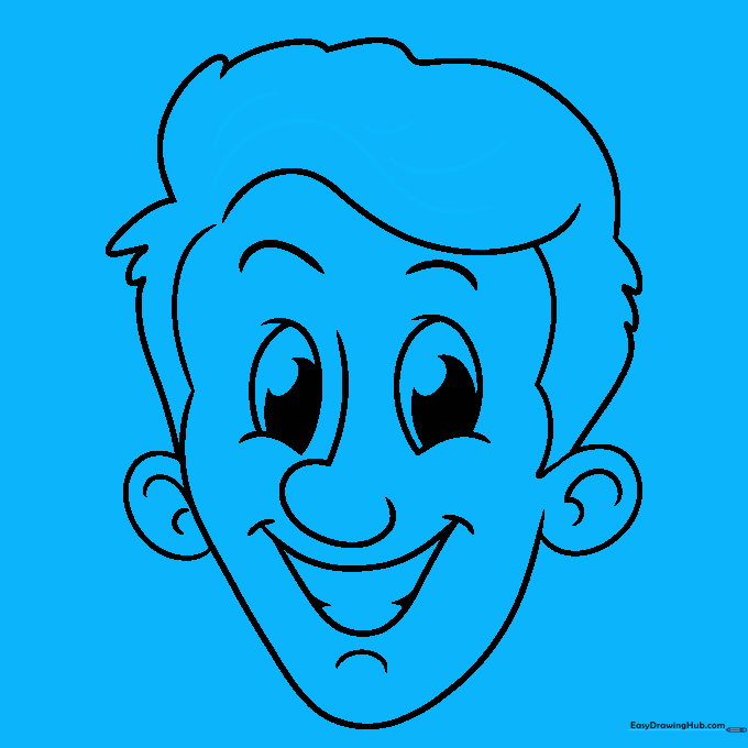 Cartoon face with refined hair details and flow lines.