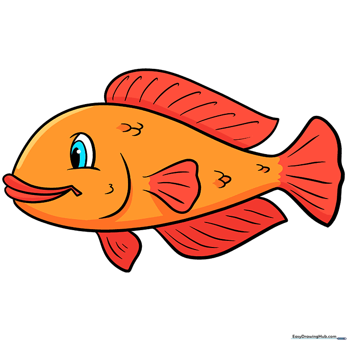 A fully colored, vibrant cartoon fish with orange and red scales.