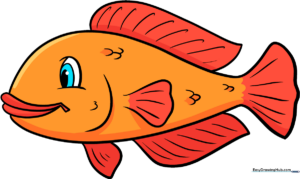 A friendly, colorful cartoon fish swimming, representing the completed drawing tutorial.