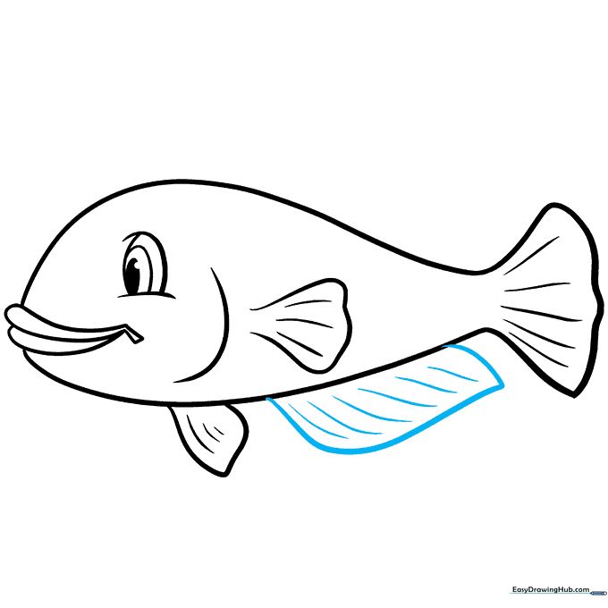 Pencil sketch showing the addition of the caudal fin with textured lines.