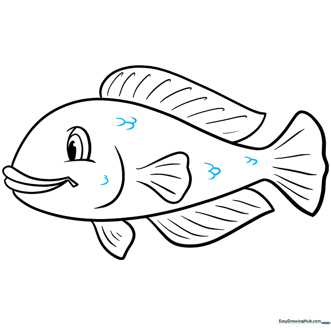 Completed pencil drawing of a cartoon fish with scale patterns added.