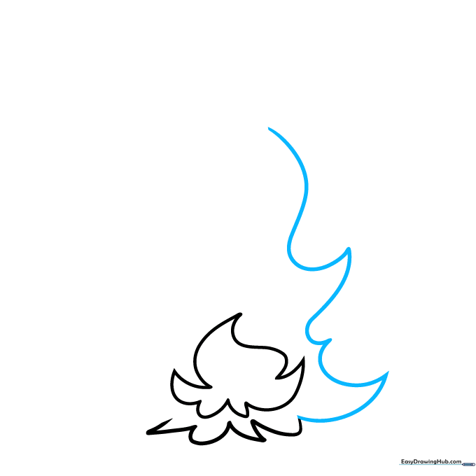 Step 3 illustration showing longer, upward-sweeping curved lines forming the flame tips.