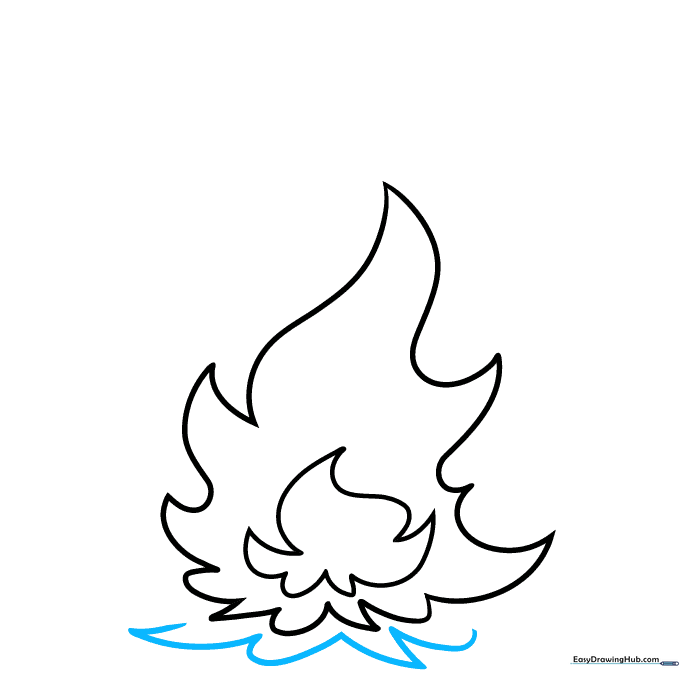 Step 5 illustration showing the addition of a third flame layer with parallel curved lines.