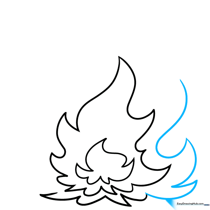 Step 6 showing the refinement of the flame's side edges with sharp, curved lines.