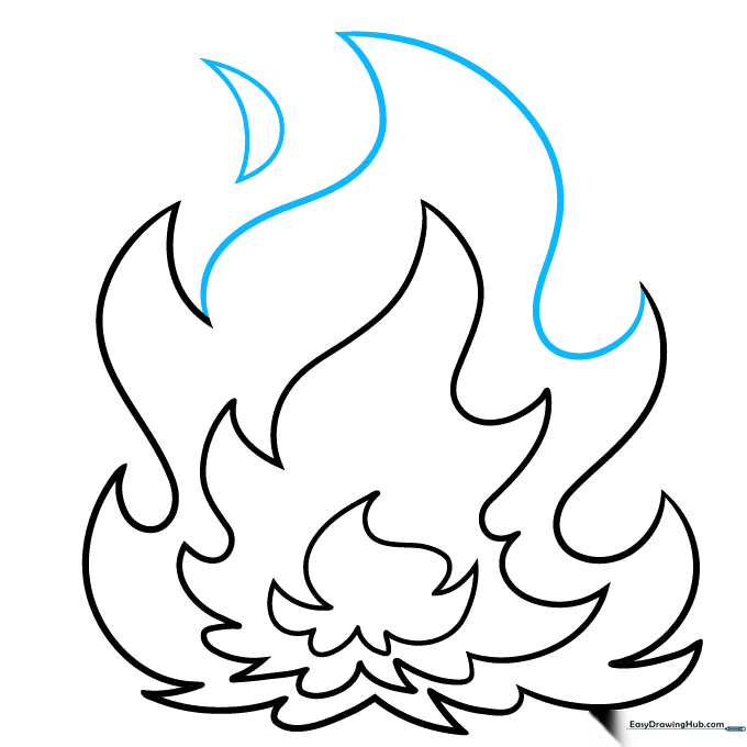 Step 8 showing the addition of a crescent-shaped detail at the top of the flame.