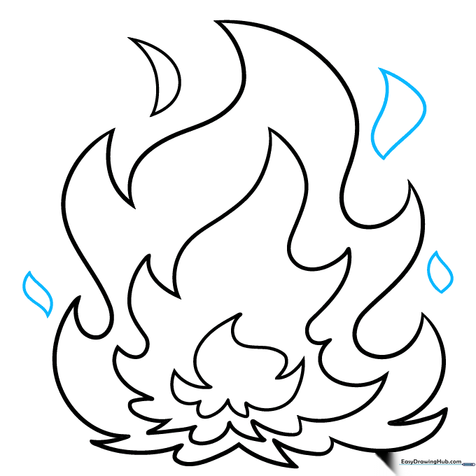 Step 9 showing the final outline with additional teardrop-shaped flame details.