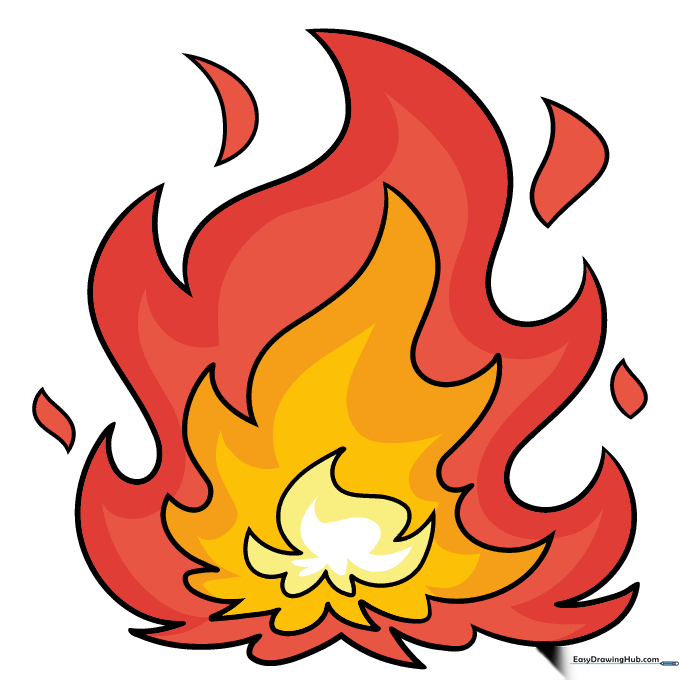 Final colored cartoon flame drawing with vibrant yellow, orange, and red hues.