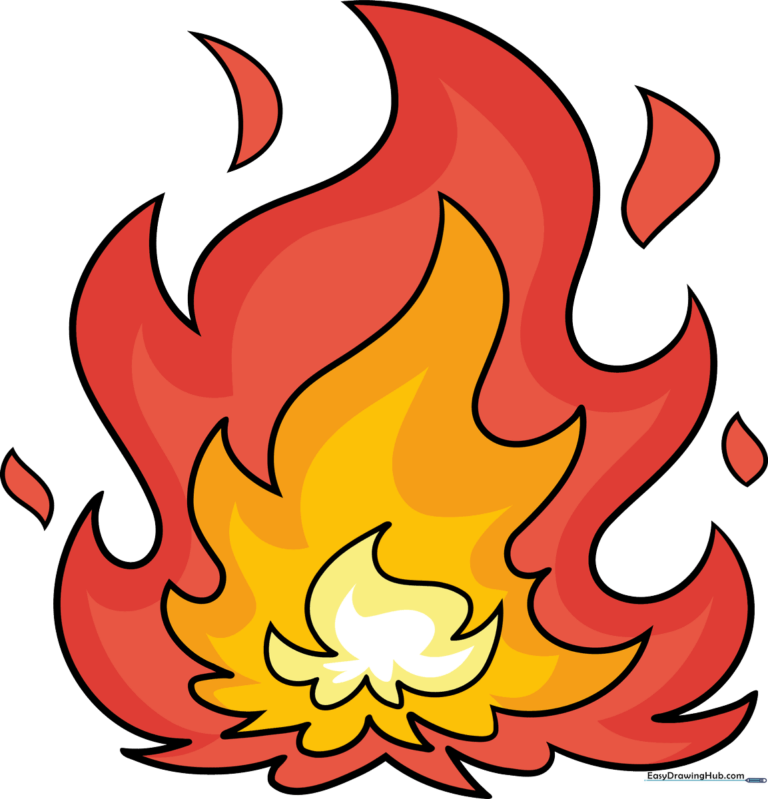 A bright, stylized cartoon flame drawing, showcasing vibrant colors and clean outlines.