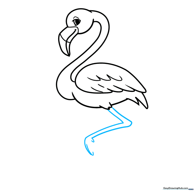 Sketching the thin leg and webbed foot of the flamingo.