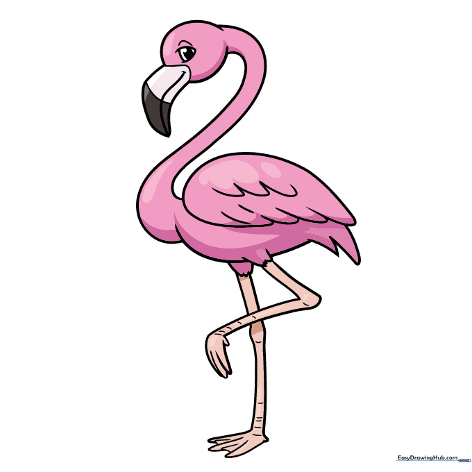 The final colored cartoon flamingo drawing with bright pink feathers.