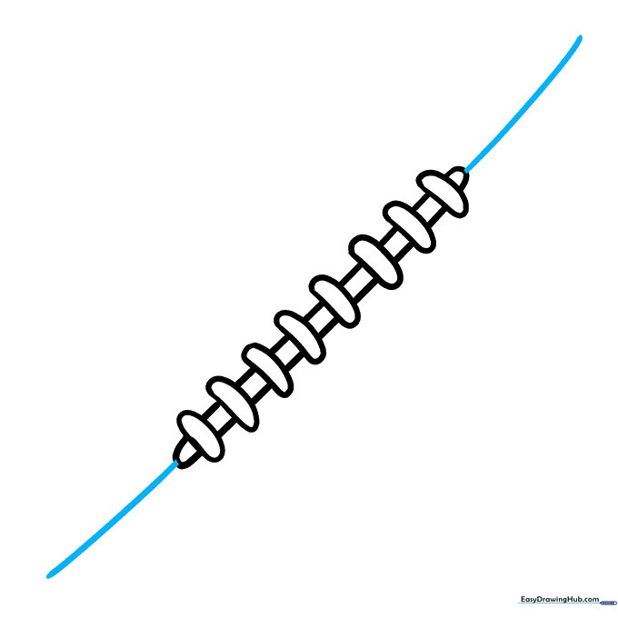 Drawing the curved seam lines extending from the stitches.
