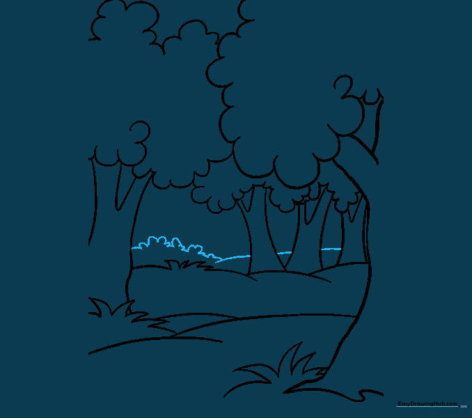 Adding rolling hills and small bushes to the background of the forest.
