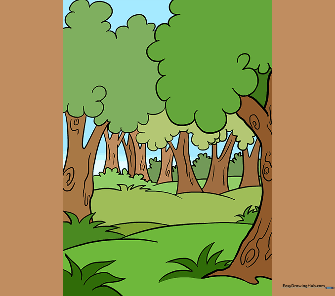 The completed cartoon forest drawing, fully colored with greens and browns.