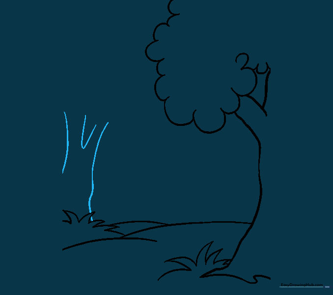 Sketching a second tree trunk in the background to create depth.