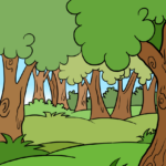 A vibrant, finished cartoon forest illustration featuring multiple trees, rolling hills, and grass.