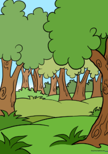 A vibrant, finished cartoon forest illustration featuring multiple trees, rolling hills, and grass.