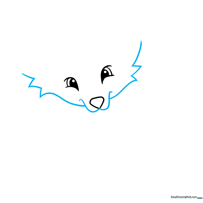 Drawing the fox's snout and fluffy cheek lines.