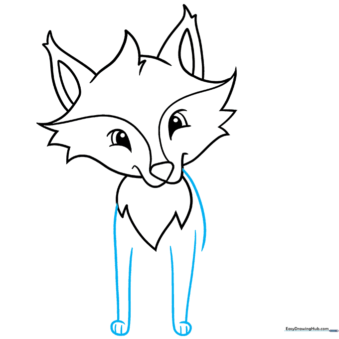 Drawing the front legs and paws of the fox.