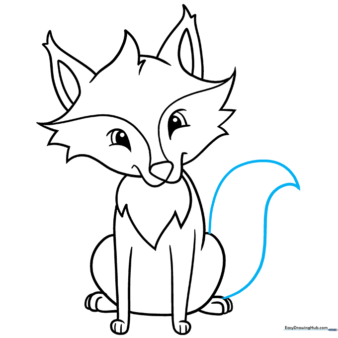 Drawing a large, bushy tail for the cartoon fox.