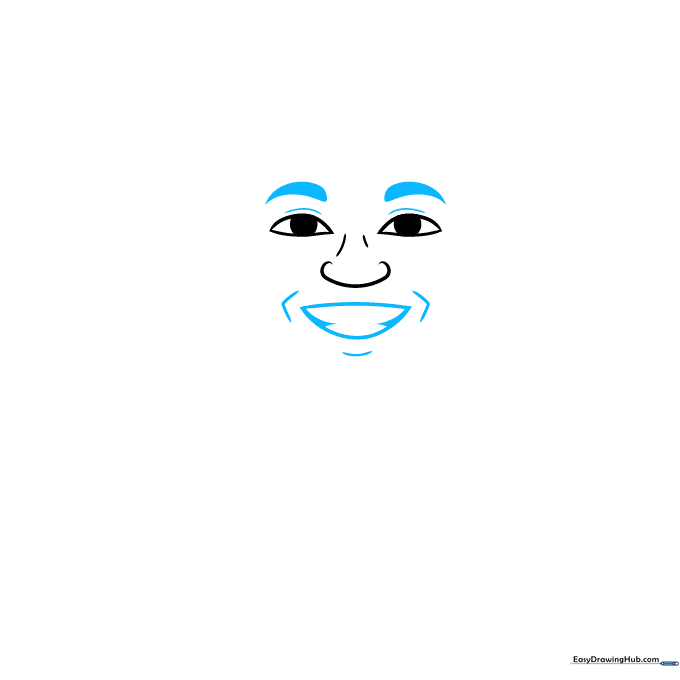 Detailed view of the cartoon face showing added eyebrows, eyelids, and a smiling mouth with visible teeth.