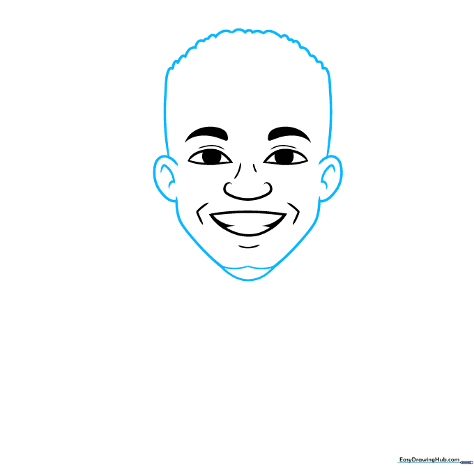 Drawing the face shape, ears, and hair outline for the Giannis cartoon character.