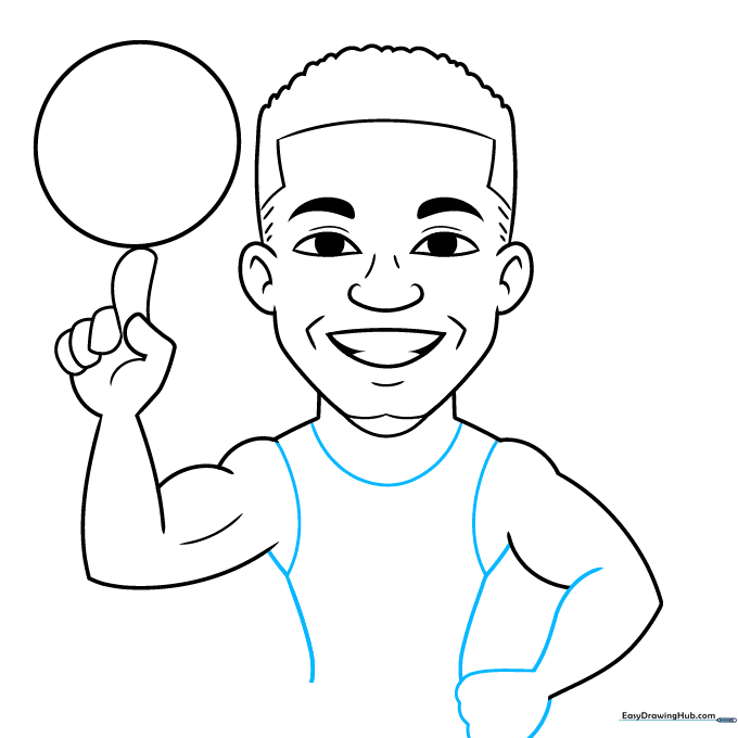 Drawing the jersey outline and torso details for the basketball player.