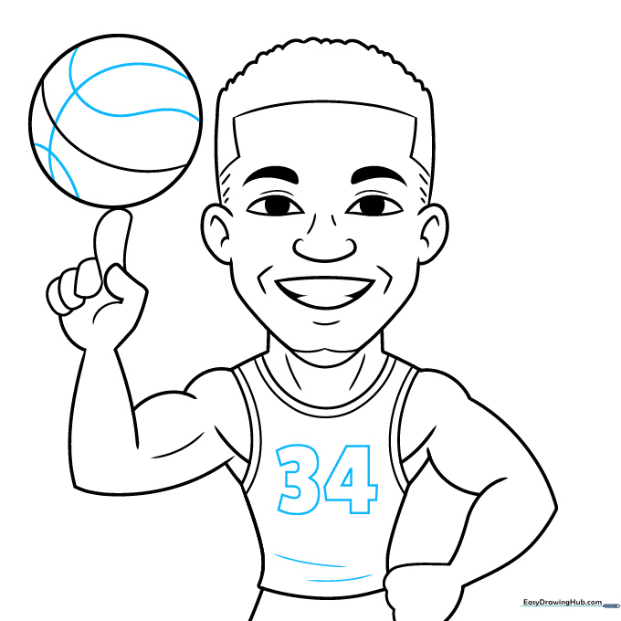 Final line art showing the completed cartoon Giannis with his jersey number 34.