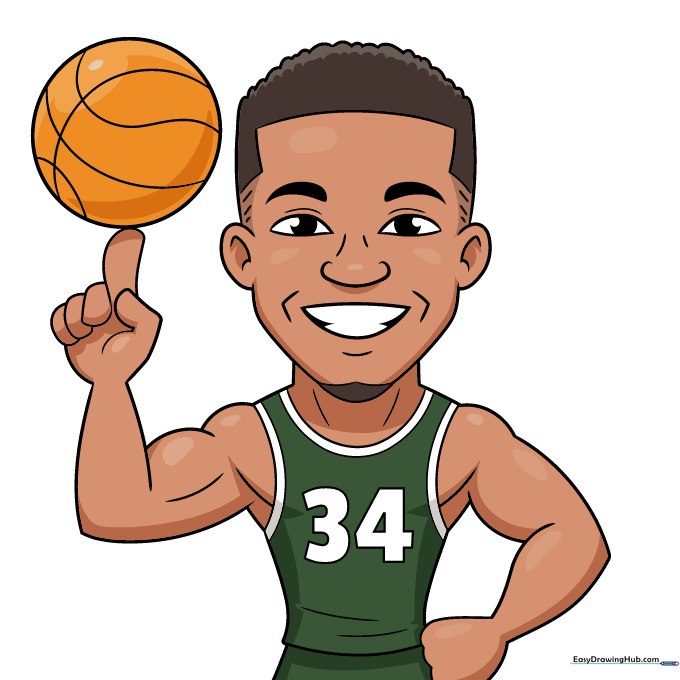 The final colored cartoon drawing of Giannis Antetokounmpo in his team uniform.