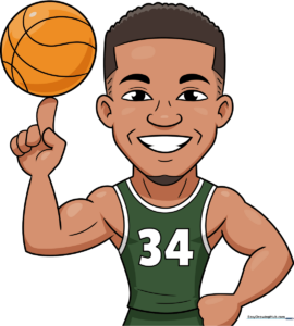 A vibrant, finished cartoon illustration of Giannis Antetokounmpo holding a basketball.