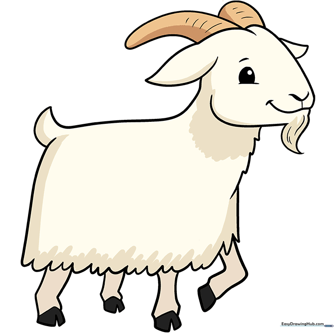 A fully colored, friendly cartoon goat with white fur and brown horns.