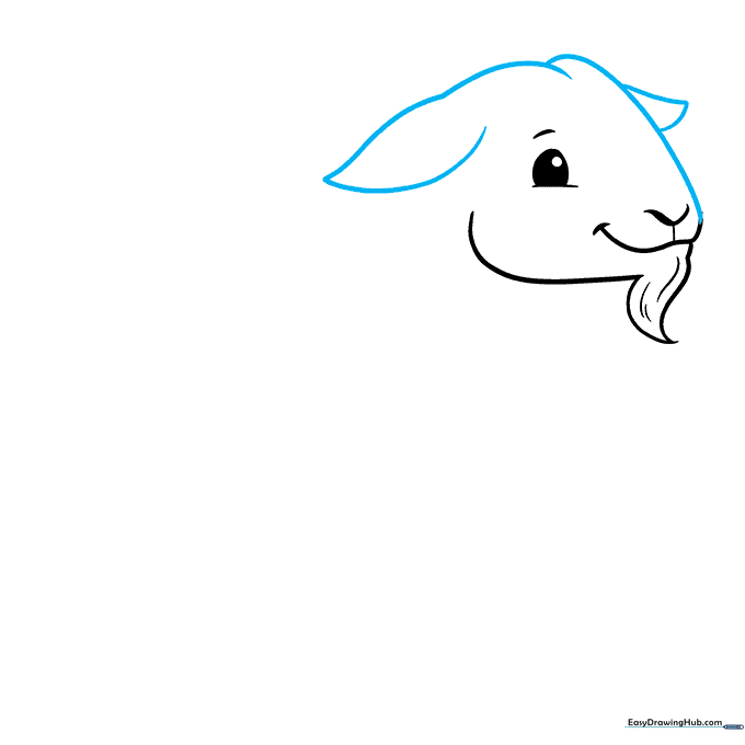 Sketching the top of the goat's head and two drooping, teardrop-shaped ears.