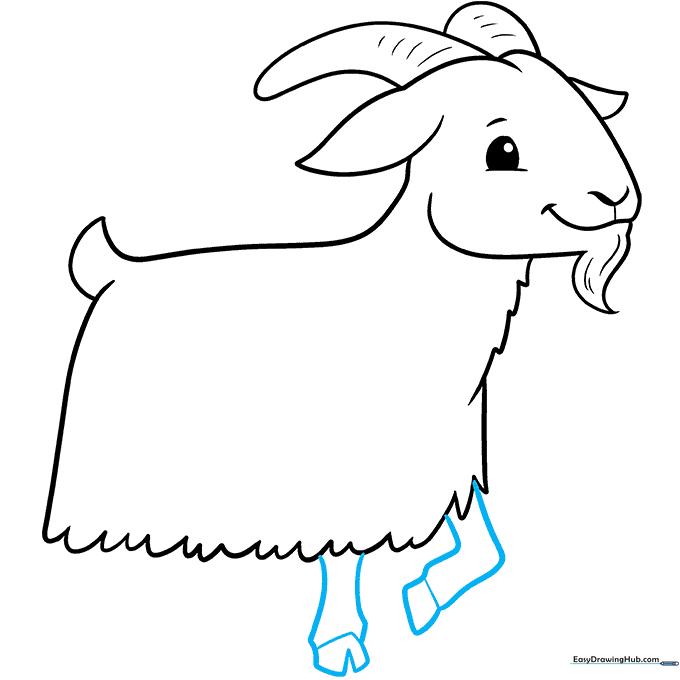 Drawing the goat's front legs with split hooves indicated by V-shapes.