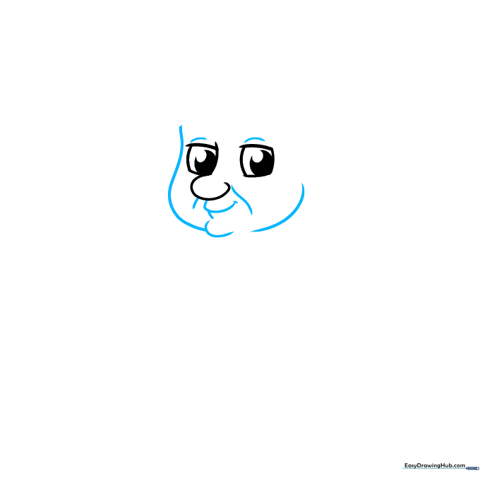 Facial outline of a cartoon grandma showing the chin, cheeks, and a smiling mouth.