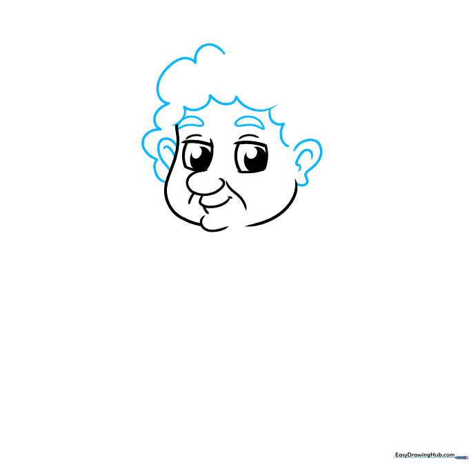Drawing of a cartoon grandma with added ears, fluffy hair, and arched eyebrows.