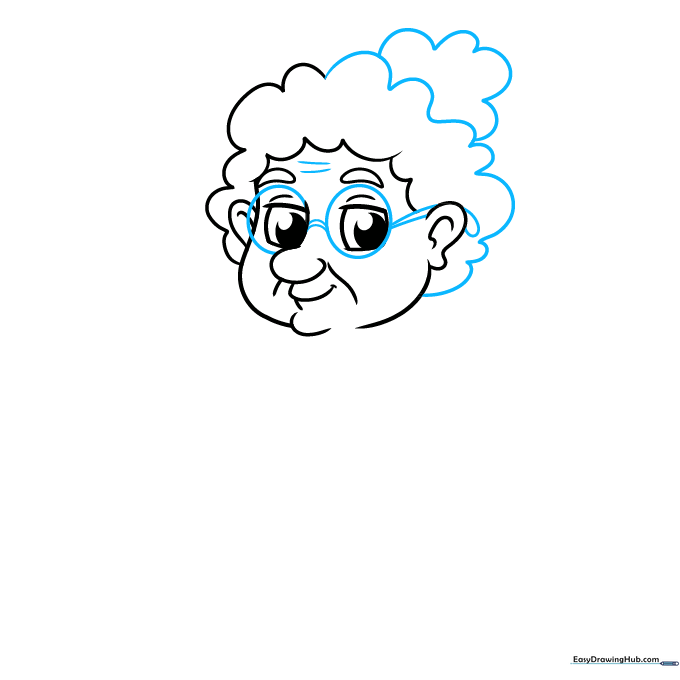 Cartoon grandma drawing with finished glasses frames and subtle forehead wrinkles.