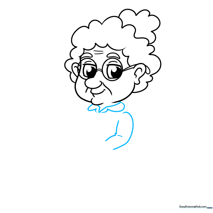 Drawing of a cartoon grandma showing the neck and collar area of her garment.