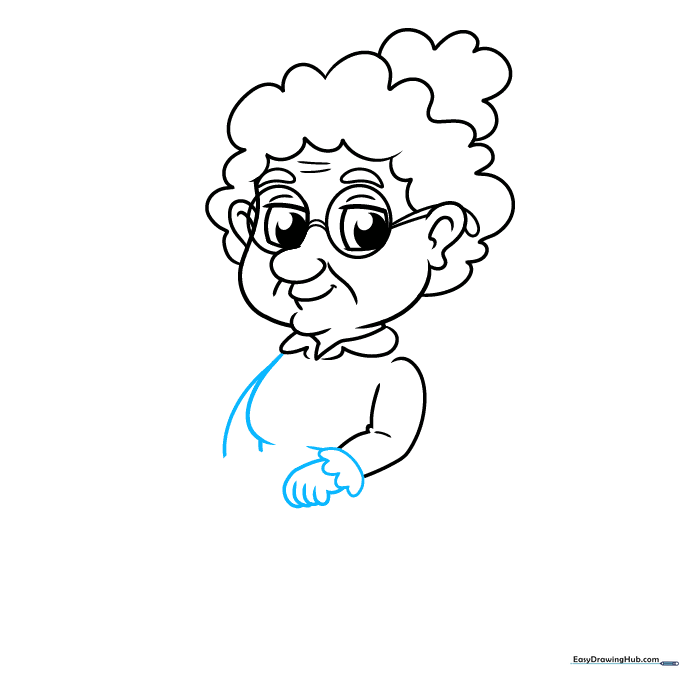 Cartoon grandma drawing with detailed lace-trimmed sleeves and simple hand shapes.
