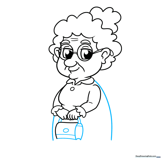 Cartoon grandma drawing with a detailed purse and extended dress lines.
