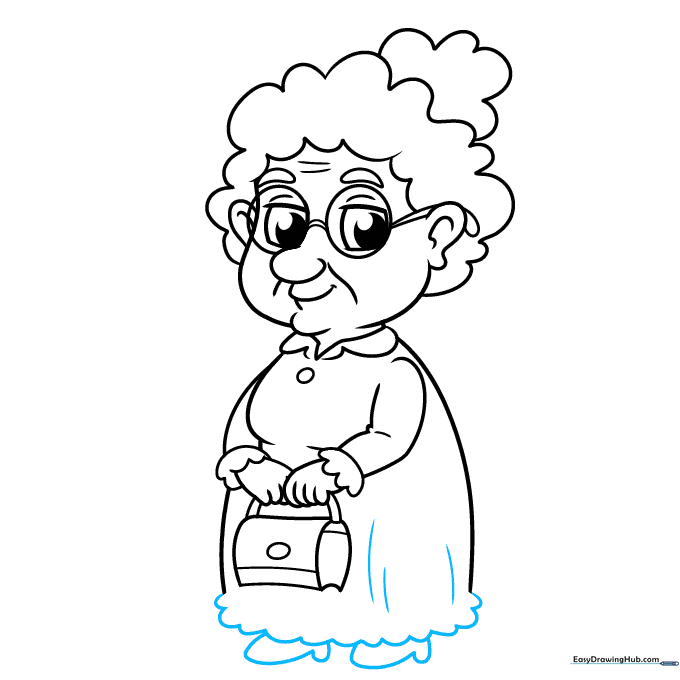 Completed outline of a cartoon grandma including the dress hem and shoes.