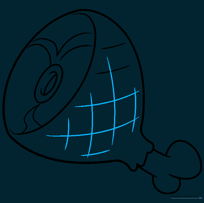 Drawing diagonal crosshatch lines over the ham surface.
