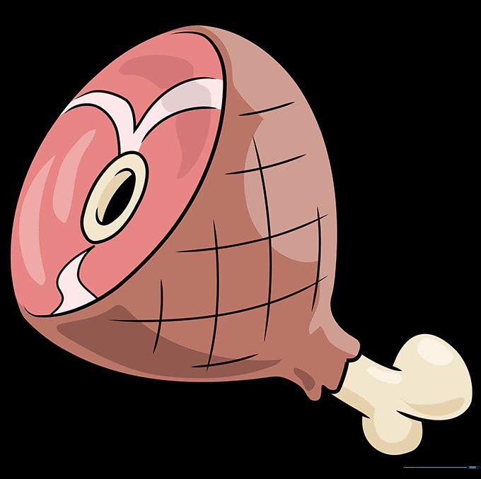 The finished cartoon ham drawing, fully colored with pinks and browns.
