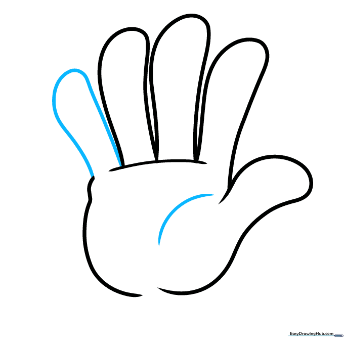 Drawing the pinky finger and a curved line for the palm's fleshy thumb pad.