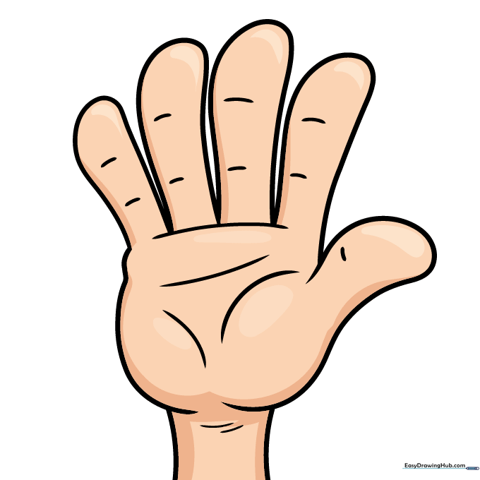 Finished cartoon hand drawing with color applied.