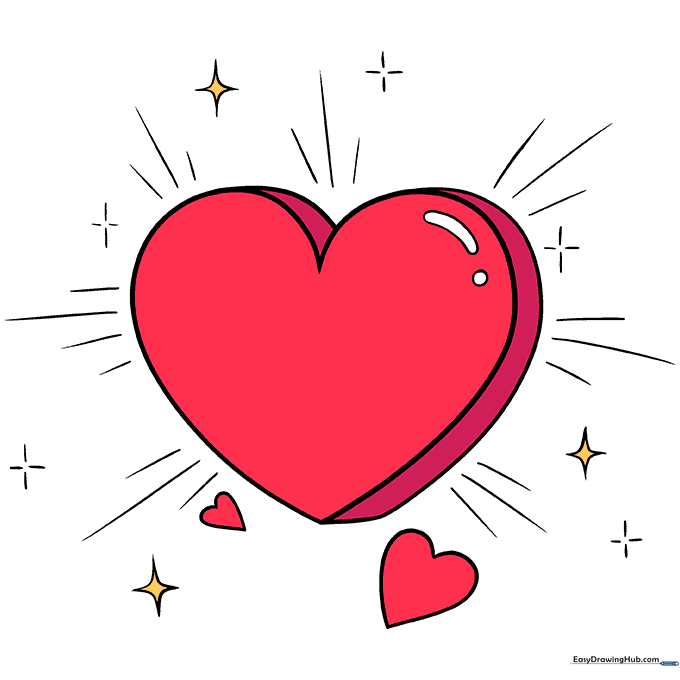 A fully colored cartoon heart drawing with red tones and yellow stars.