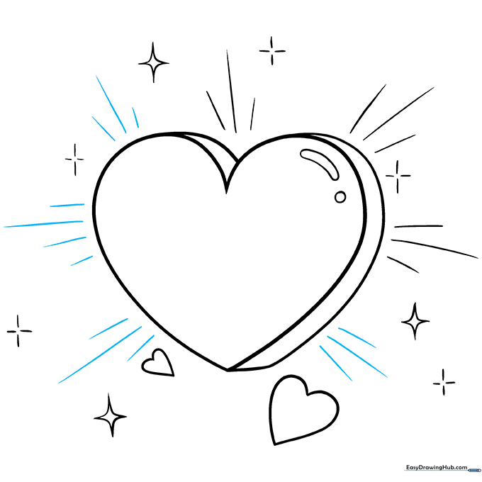 The completed line art of a cartoon heart with various stars and glowing lines.