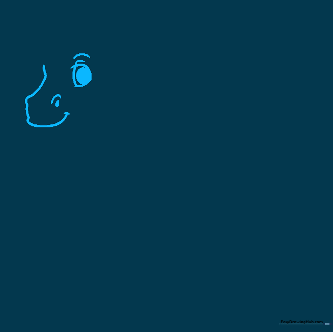 Close-up of a cartoon horse snout and eye being drawn with simple curved lines.