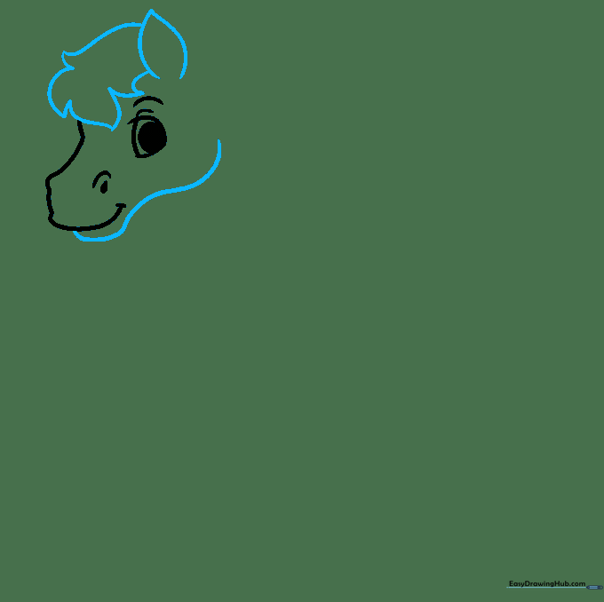 Drawing the horse's jawline and the first ear with jagged mane details.