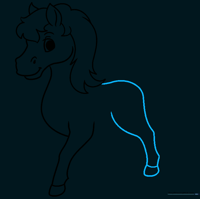 Drawing the horse's back, rump, and the first rear leg.